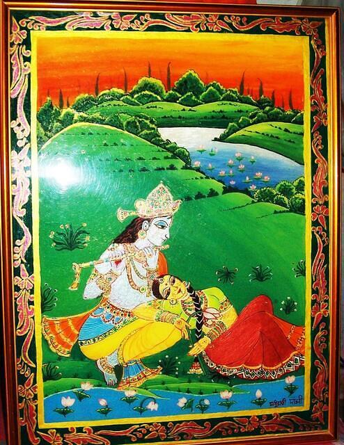 Radharani relaxing  by the flute-song
